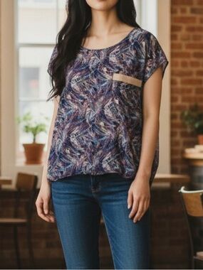 M.Patmos 100% Silk Blue Tropical Leaf Print Cap Sleeve Blouse Loose Fit Shirt